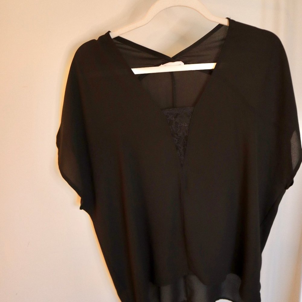 Black Short Sleeve Blouse w/ Lace Detail